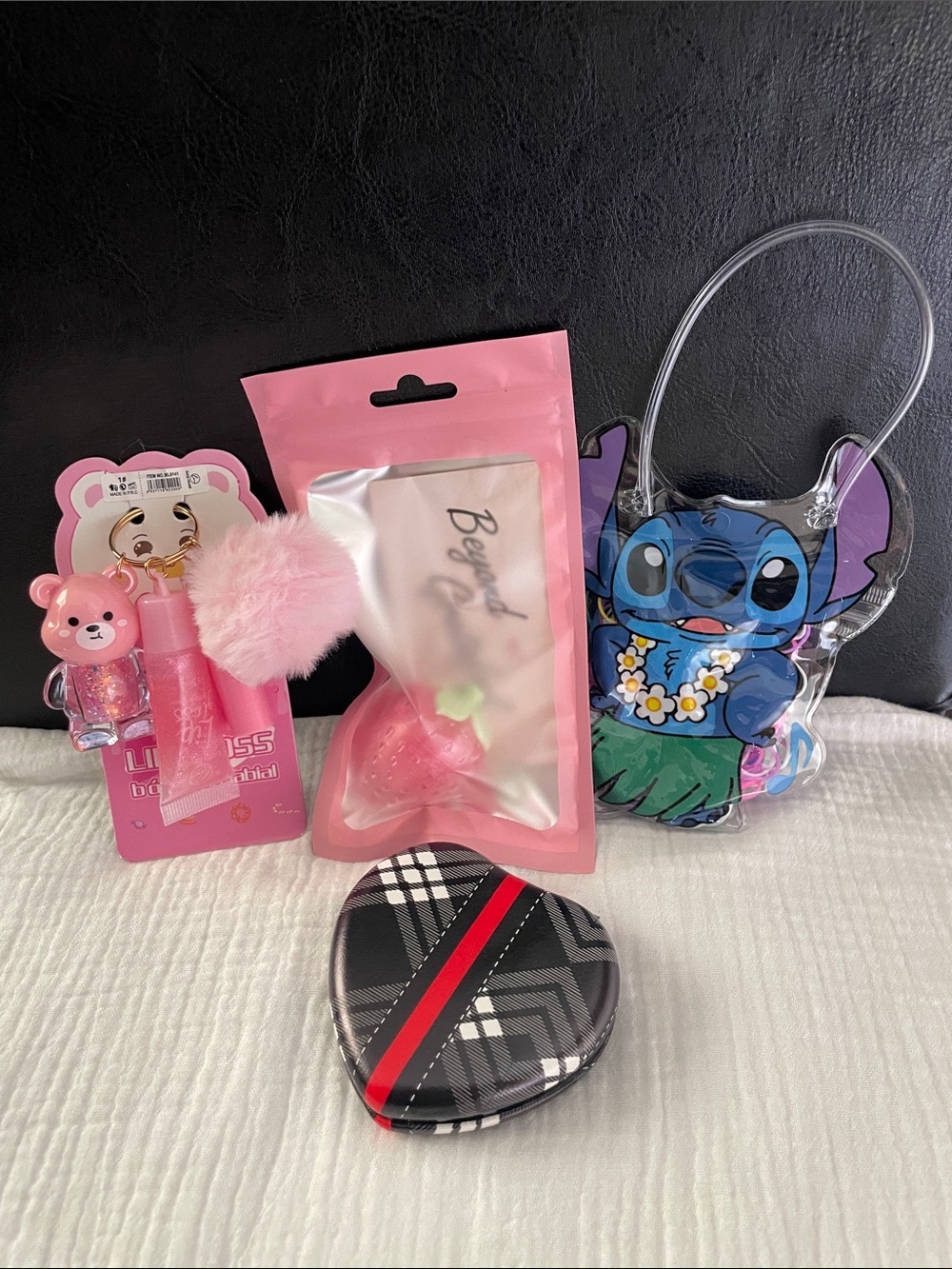 SET OF 4 New items - lip gloss key chain, Berry Lip gloss, mirror & pk of bands - Picture 2 of 14